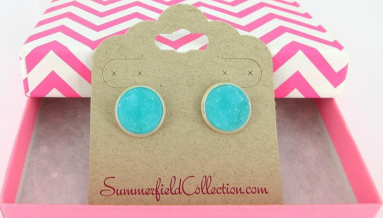 Summerfield Collection Silver-tone Faux Druzy Stone Stud Earrings 12mm (Aqua Blue)