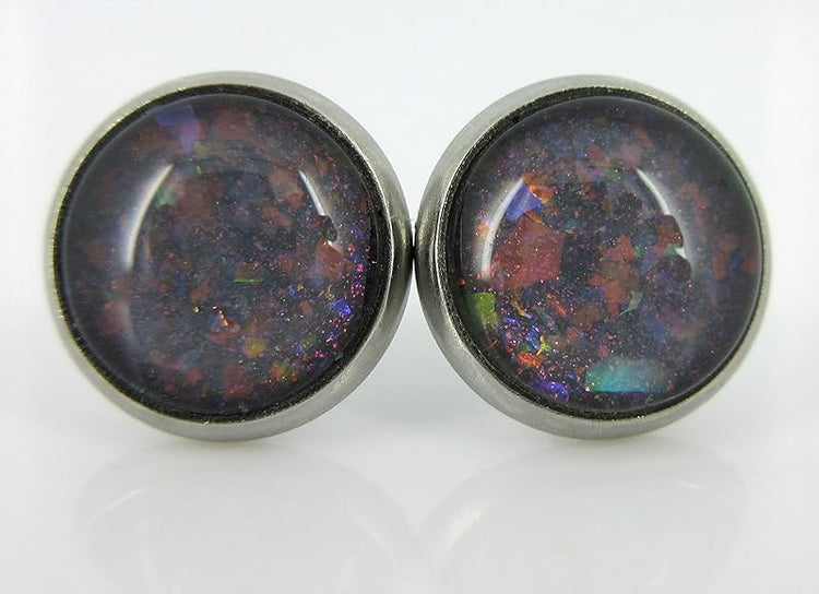 Summerfield Collection Stainless Steel Charcoal Gray and Rainbow Glitter Flake Glass Stud Earrings Hand-painted 10mm