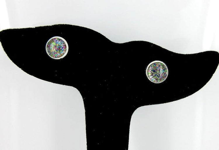 Summerfield Collection Silver-tone Dark Rainbow Glitter Glass Stud Earrings Hand-painted 8mm