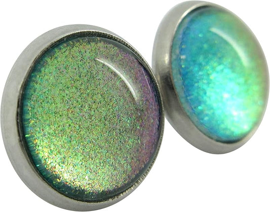 Summerfield Collection Stainless Steel Blue Purple Pink Green Colorshifting Glitter Glass Stud Earrings Hand-painted 10mm