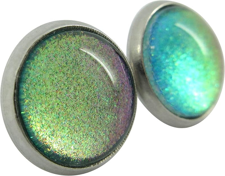 Summerfield Collection Stainless Steel Blue Purple Pink Green Colorshifting Glitter Glass Stud Earrings Hand-painted 10mm