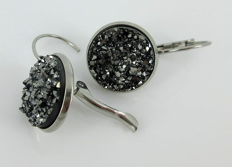 Summerfield Collection Stainless Steel Faux Druzy Stone Lever-back Drop Earrings 14mm (Gunmetal Gray)