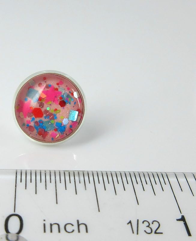 Summerfield Collection Silver-tone Bubblegum Pink Confetti Glitter Glass Stud Earrings Hand-painted 12mm