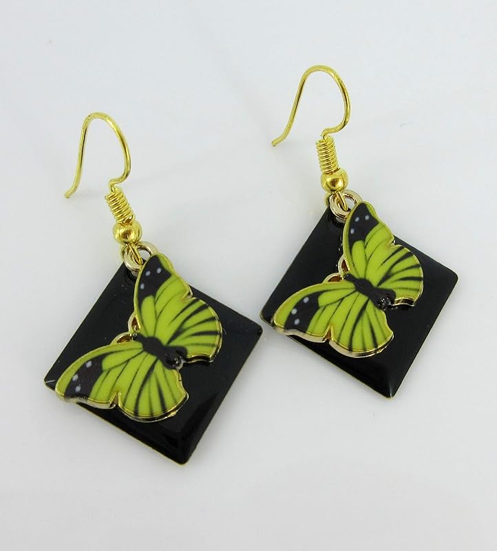 Summerfield Collection Gold-tone Enamel Butterfly Charm Dangle Earrings (Green/Black)