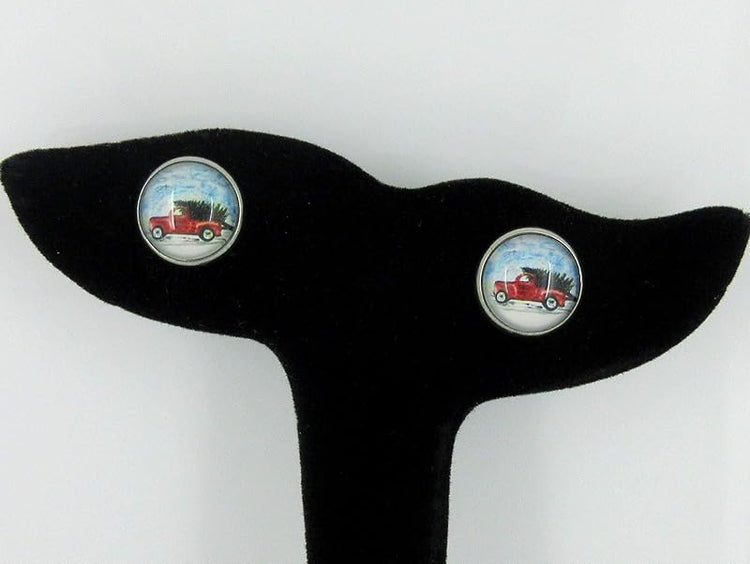 Summerfield Collection Stainless Steel Red Truck Christmas Tree Print Glass Stud Earrings 12mm