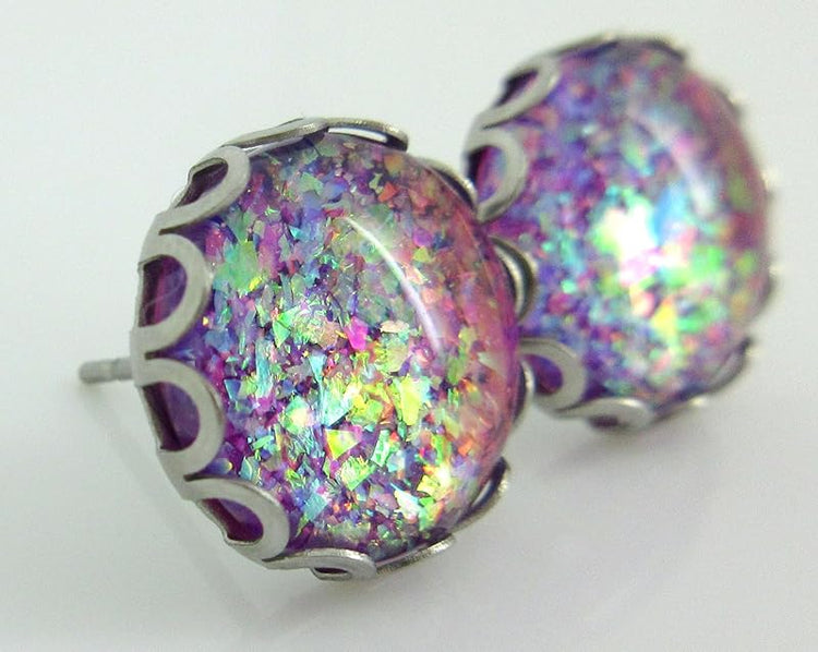 Summerfield Collection Stainless Steel Magenta Pink Purple with Colorshifting Rainbow Flake Glitter Glass Stud Earrings Hand-painted 12mm