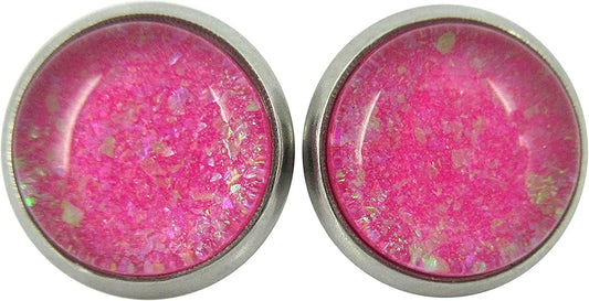 Summerfield Collection Stainless Steel Hot Pink and Iridescent Glitter Glass Stud Earrings Hand-painted 10mm