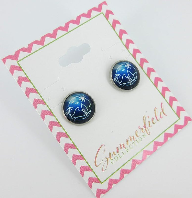 Summerfield Collection Stainless Steel Blue Surf Scene Ocean Waves Palm Trees Sun Print Glass Stud Earrings 12mm