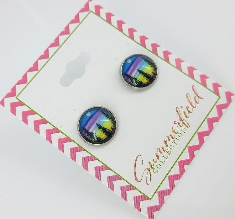 Summerfield Collection Stainless Steel Forest Rainbow Sunset Print Glass Stud Earrings 12mm
