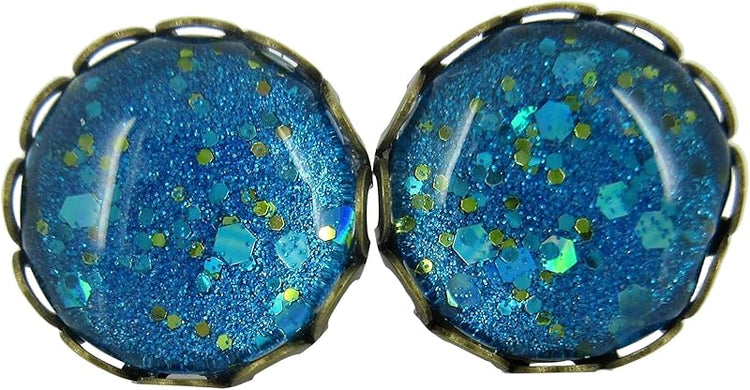 Summerfield Collection Antiqued Gold-tone Ocean Blue Glitter Glass Stud Earrings 12mm Hand-painted