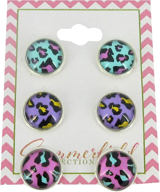 Summerfield Collection Stainless Steel Trio Animal Print Glass Stud Earrings 12mm Set