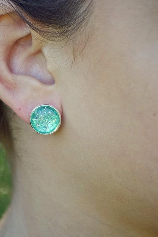 Summerfield Collection Silver-tone Twinkle Glitter Glass Galaxy Stud Earrings Hand-painted 12mm (Mint Green)
