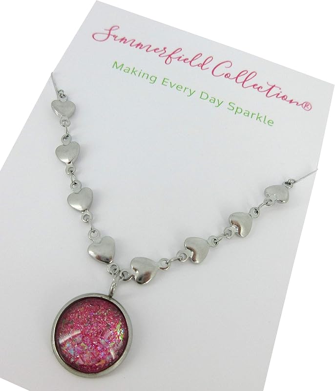 Summerfield Collection Stainless Steel Heart Chain and Pink Glitter Glass Pendant Necklace