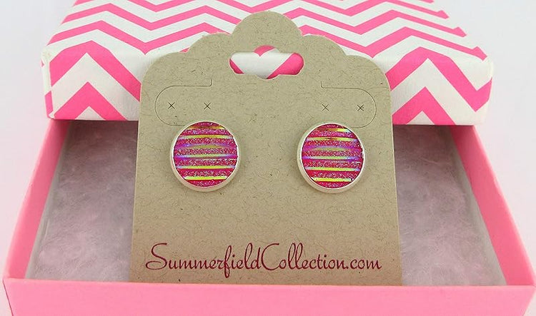 Summerfield Collection Silver-tone Frosted Metallic Stripe Stud Earrings 12mm (Pink AB)