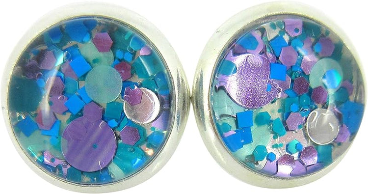 Summerfield Collection Silver-tone Blue and Purple Glitter Glass Stud Earrings Hand-painted 10mm