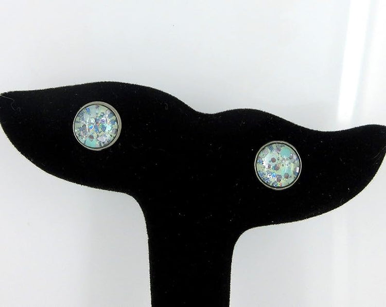 Summerfield Collection Hematite-tone Mint Green and Silver Glitter Glass Stud Earrings Hand-painted 10mm