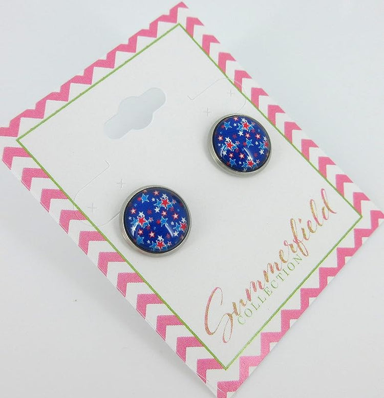 Stainless Steel Patriotic Stars Print Glass Stud Earrings 12mm (Royal Blue)