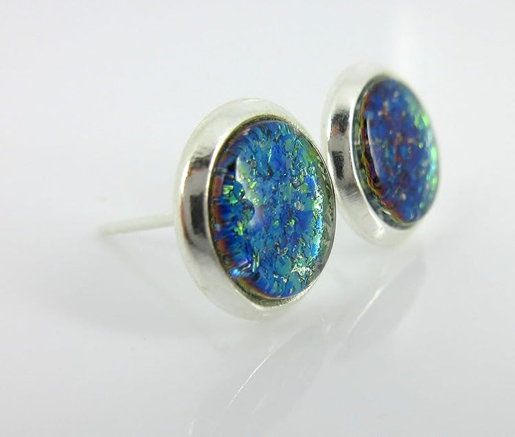 Summerfield Collection Silver-tone Green and Blue Glitter Glass Stud Earrings Hand-painted 8mm