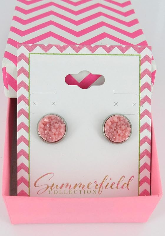 Summerfield Collection Stainless Steel Matte Faux Druzy Stone Stud Earrings 10mm (Rose Pink)