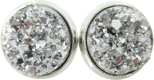 Summerfield Collection Silver-tone Metallic Faux Druzy Stone Stud Earrings 12mm (Silver)