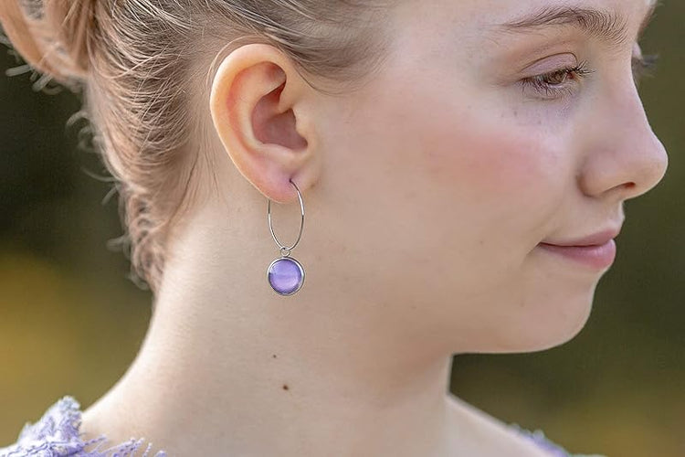 Summerfield Collection Stainless Steel Lavender Purple Glass Charm Hoop Earrings Hand-painted 1"