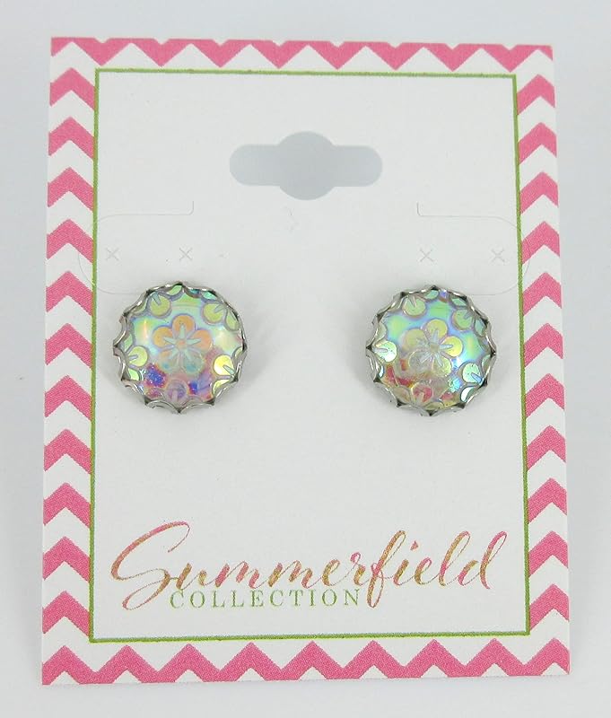 Summerfield Collection Stainless Steel Iridescent Clear AB Flower Resin Stud Earrings 12mm Translucent
