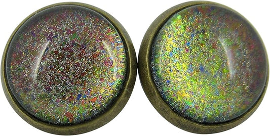 Summerfield Collection Antiqued Gold-tone Rainbow Color-shifting Glitter Flake Glass Stud Earrings