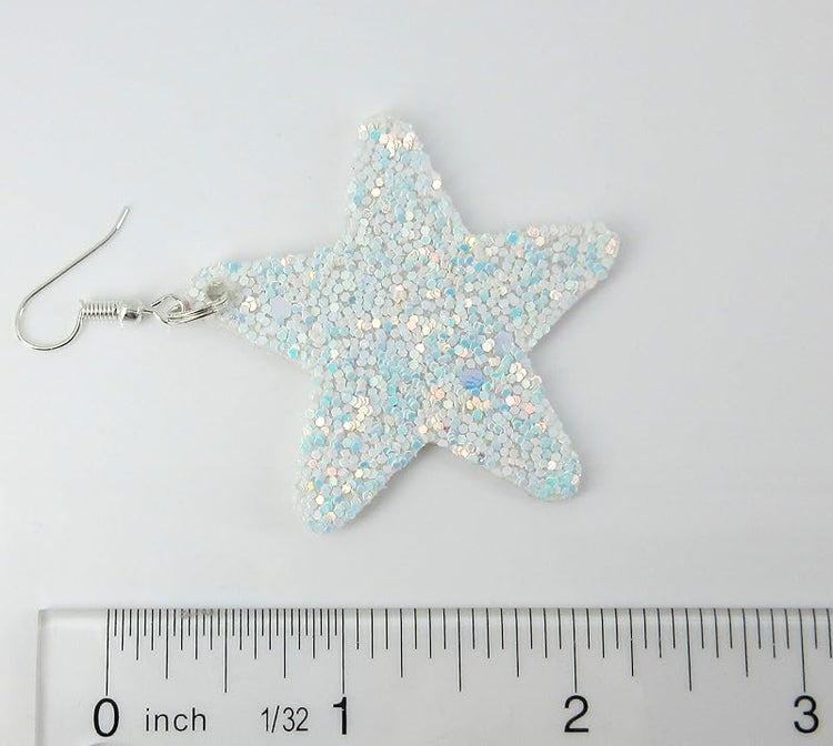 Summerfield Collection Glitter Faux Leather Large Star Dangle Earrings (White with Pink and Lt Blue)
