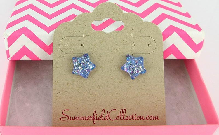 Summerfield Collection Periwinkle Purple Blue Star Glitter Glass Stud Earrings 10mm Hand-painted