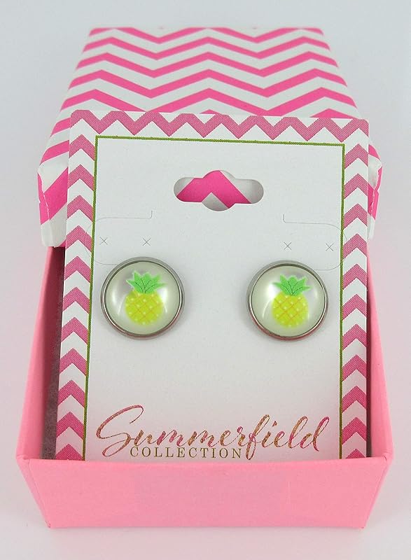 Summerfield Collection Stainless Steel Fruit Print Frosted Resin Stud Earrings 12mm (Pineapple)