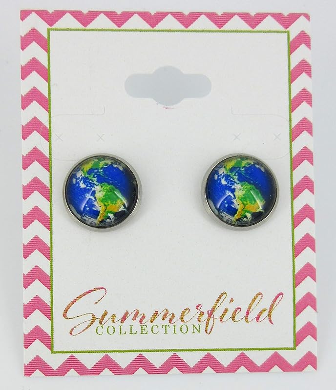 Summerfield Collection Stainless Steel Blue Green Planet Earth World Globe Print Glass Stud Earrings 12mm