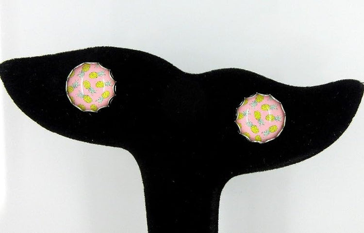 Summerfield Collection Stainless Steel Pink Pineapple Print Glass Stud Earrings 12mm