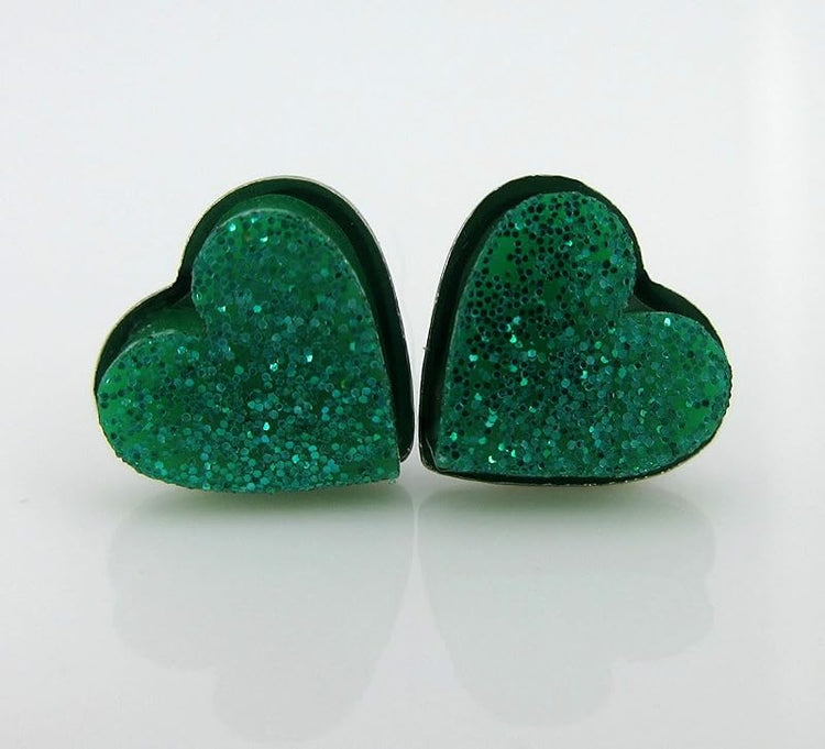 Summerfield Collection Stainless Steel Glitter Acrylic Heart Stud Earrings 8mm (Teal Blue Green)