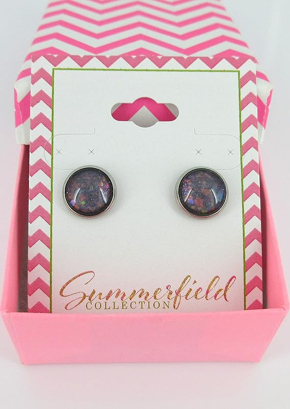 Summerfield Collection Stainless Steel Charcoal Gray and Rainbow Glitter Flake Glass Stud Earrings Hand-painted 10mm