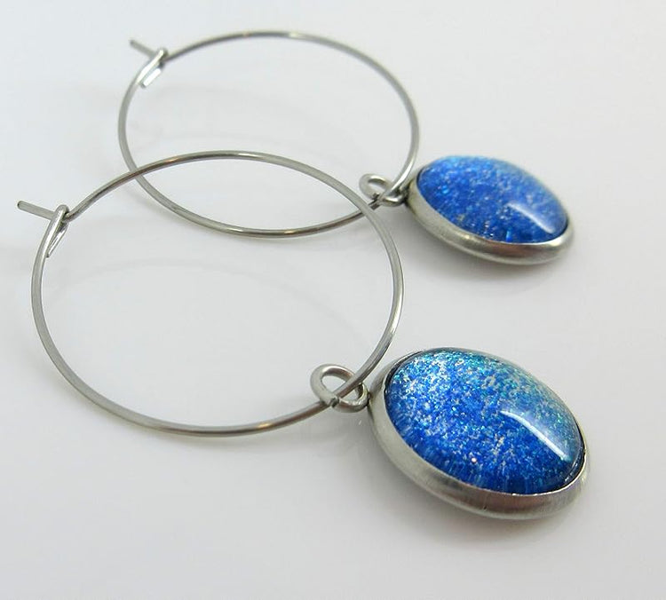 Summerfield Collection Stainless Steel Blue Green Glitter Glass Charm Hoop Earrings Hand-painted 1"