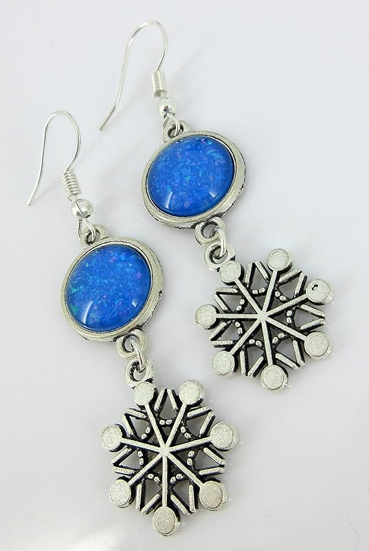 Summerfield Collection Antiqued Silver-tone Cobalt Blue Glitter Glass Dangle Earrings Snowflake Charm Hand-painted