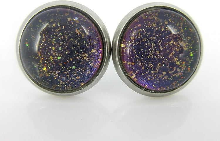Summerfield Collection Stainless Steel Blue Purple Gray Glitter Glass Stud Earrings Hand-painted 10mm