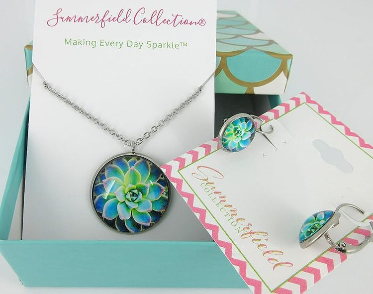 Summerfield Collection Stainless Steel Succulent Printed Glass Necklace Drop Earrings Set (Blue/Green)