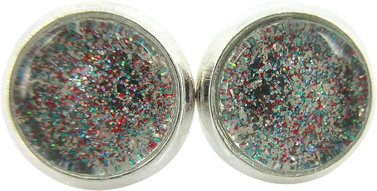 Summerfield Collection Silver-tone Aqua Blue and Red and Holographic Glitter Glass Stud Earrings Hand-painted 8mm