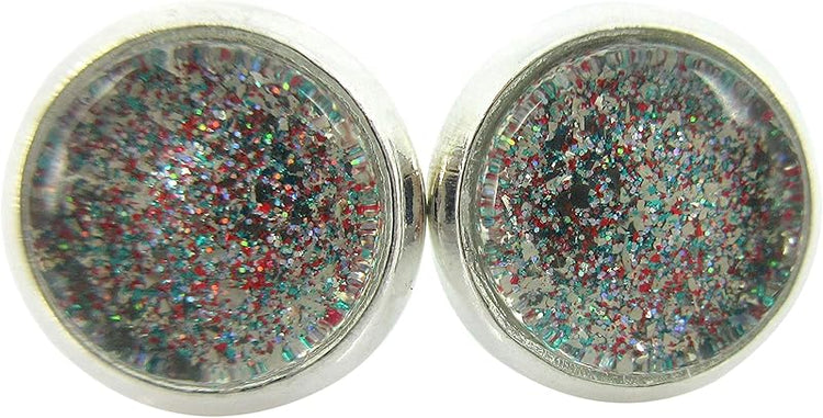 Summerfield Collection Silver-tone Aqua Blue and Red and Holographic Glitter Glass Stud Earrings Hand-painted 8mm