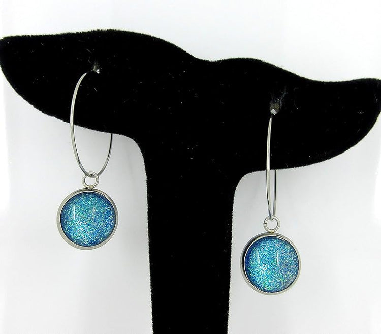 Summerfield Collection Stainless Steel Blue Green Glitter Glass Charm Hoop Earrings Hand-painted 1"
