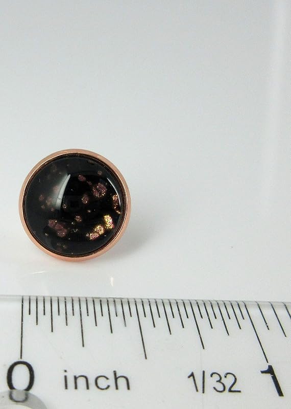 Summerfield Collection Rose Gold-tone Black Spotted Glitter Glass Stud Earrings Hand-painted 12mm