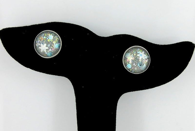 Summerfield Collection Stainless Steel Gray Snowfall Glitter Glass Stud Earrings Hand-painted 12mm