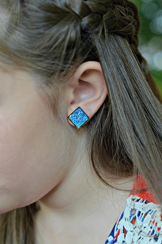 Summerfield Collection Geometric Square Shaped Flat Faux Druzy Stud Earrings 12mm Statement Antiqued Gold-tone (Royal Blue)