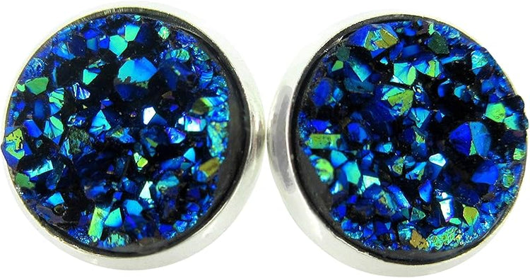 Summerfield Collection Silver-tone Metallic Faux Druzy Stone Stud Earrings 12mm (Blue)