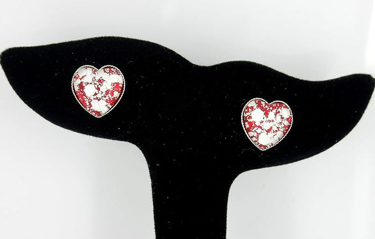 Summerfield Collection Silver-tone Red and White Glitter Glass Heart Stud Earrings Hand-painted