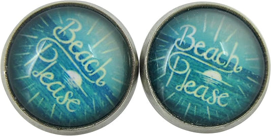 Summerfield Collection Stainless Steel Beach Please Print Glass Stud Earrings 12mm