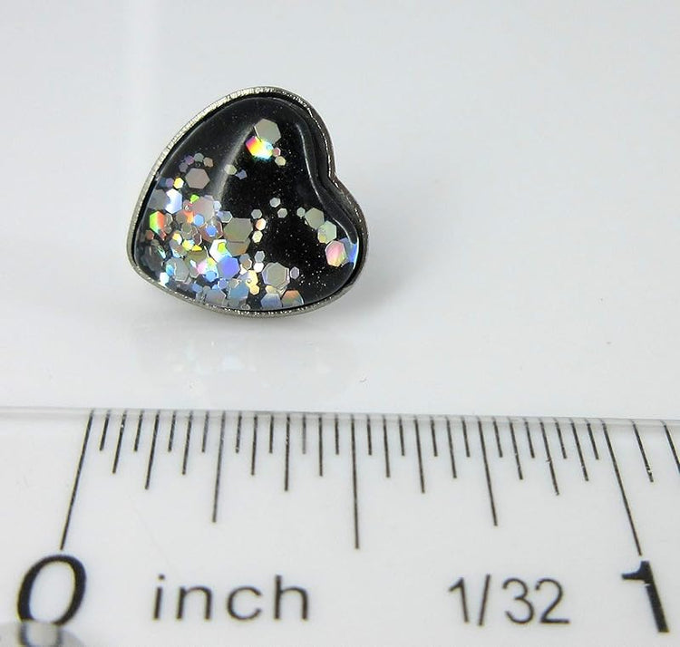 Summerfield Collection Stainless Steel Black and Silver Glitter Glass Heart Stud Earrings Hand-painted