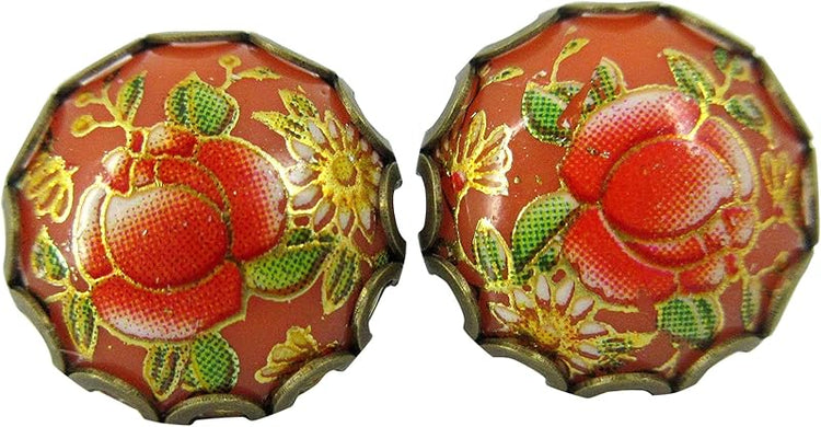 Summerfield Collection Antiqued Gold-tone Floral Print Stud Earrings 12mm (Orange)
