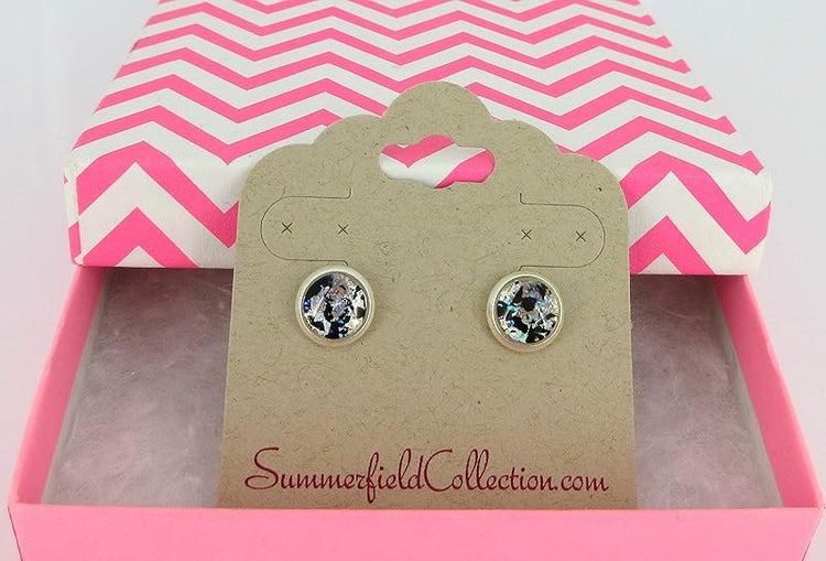 Summerfield Collection Silver-tone Blue and Black Glitter Glass Stud Earrings Hand-painted 8mm